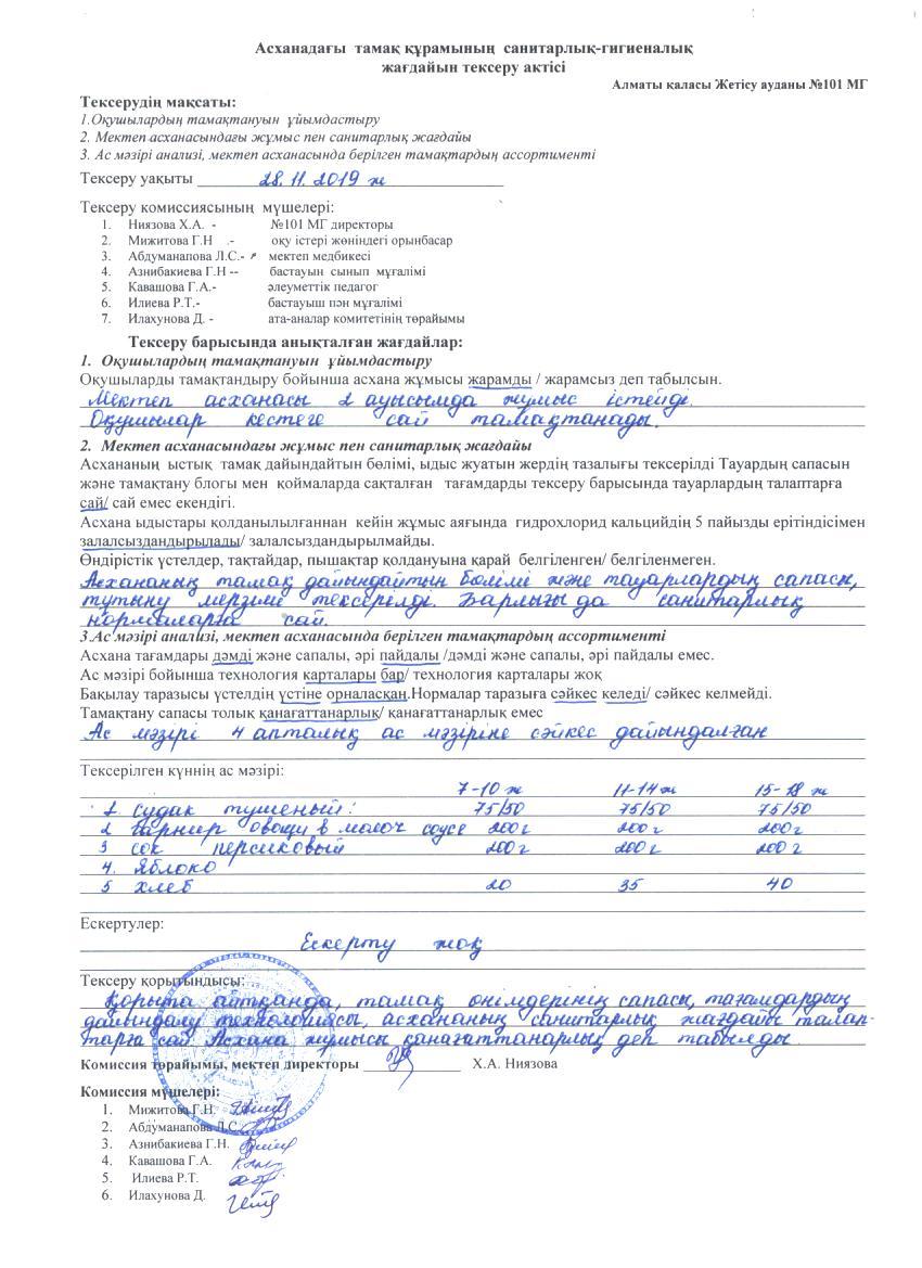 қараша 2019 жыл, Мектеп асханасынан берілетін ыстық және буфеттік тамақтардың сапасын тексеру бойынша акт