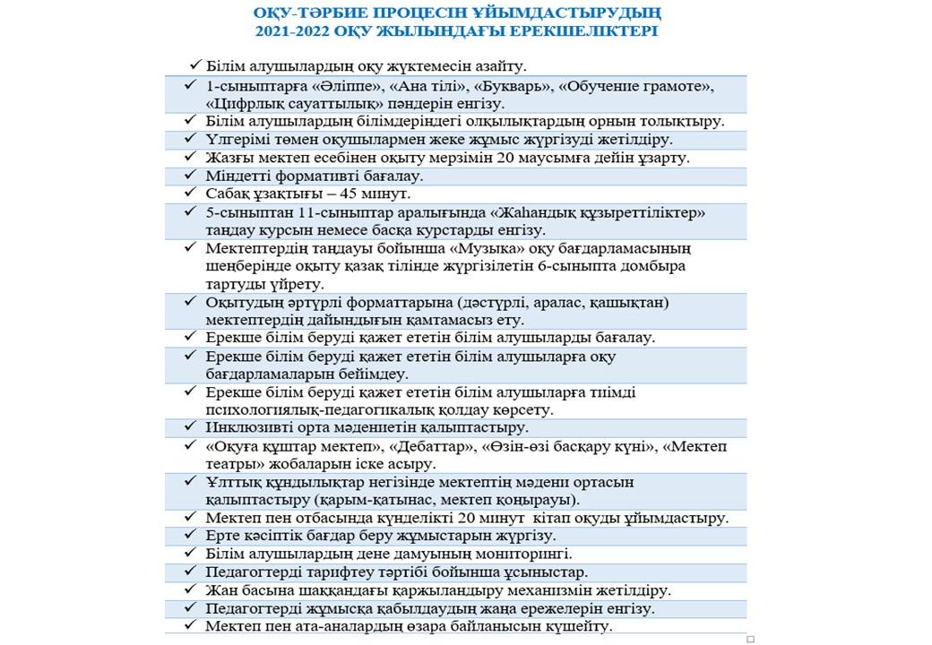 Оқу-тәрбие процессін ұйымдастырудың 2021-2022 оқу жылындағы ерекшеліктері