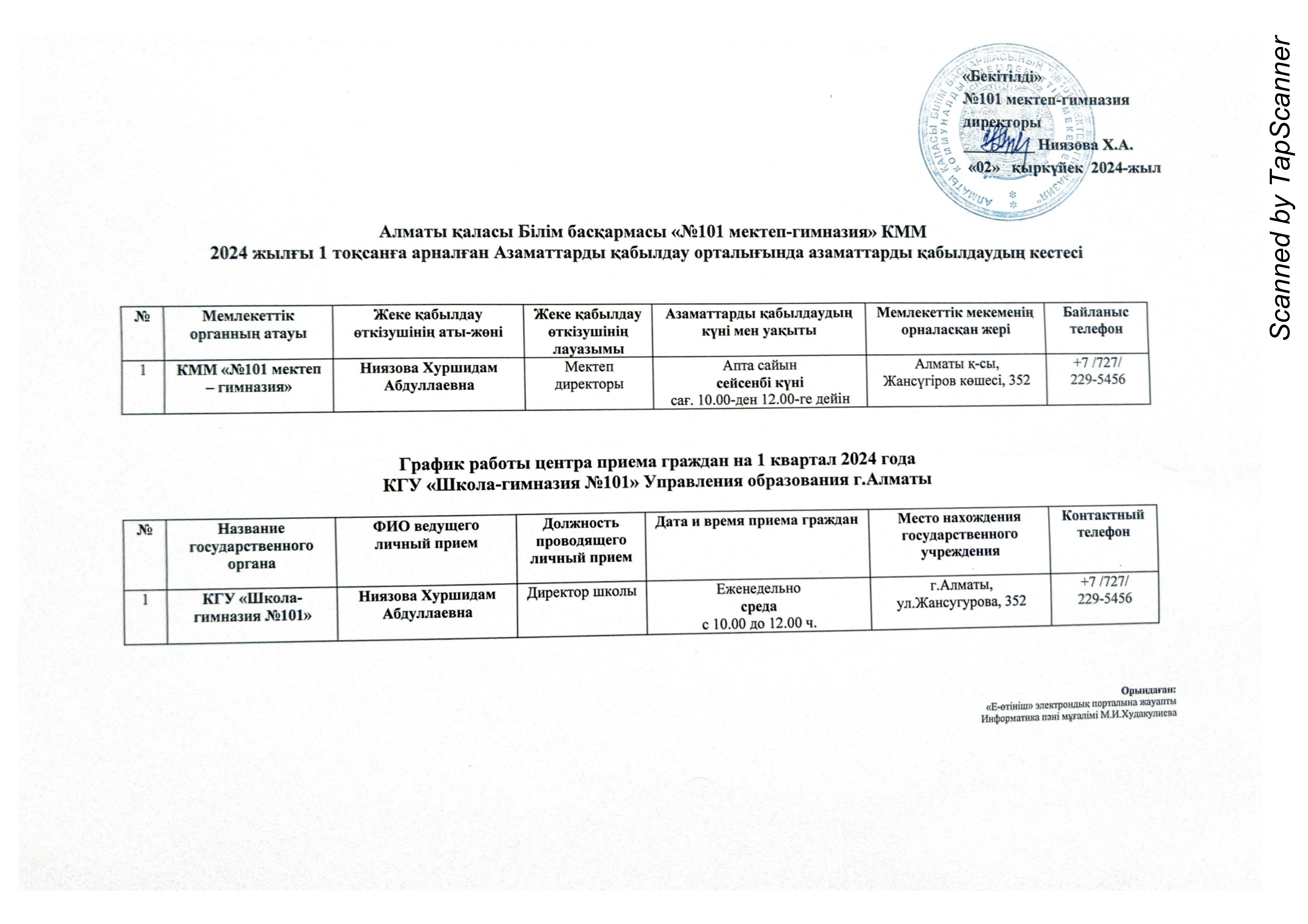 2024 жылғы 1 тоқсанға арналған Азаматтарды қабылдау орталығында азаматтарды қабылдаудың кестесі