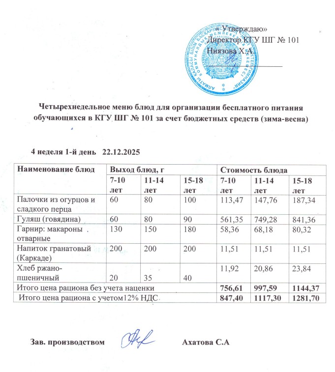 Ас мәзірі 22.12-26.12. 2025ж